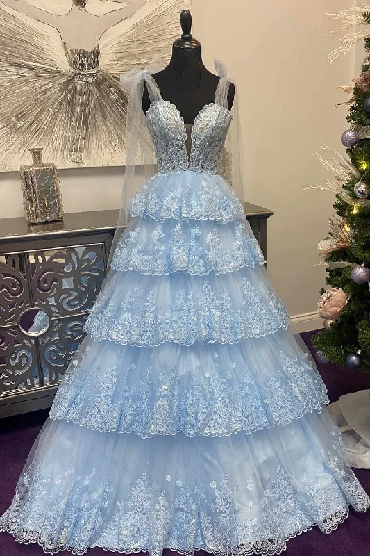 Can't Miss Tie Straps Light Blue Plunging Neck Layered Prom Dress with Appliques