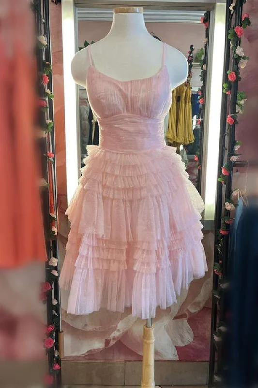 Exclusive Online Offer Square Neck Straps Pink A-Line Ruffle Dress
