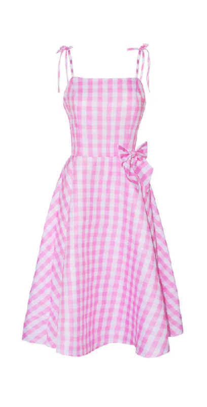Lowest Price Tie Shoulder Plaid Pink 1950s Dress with Bow