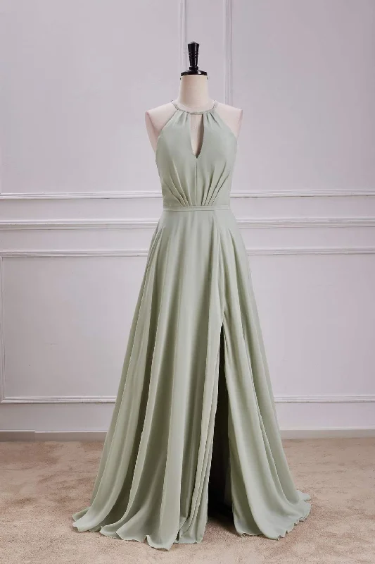Discount Days Halter Sage Keyhole Tie Back Long Maxi Dress with Slit