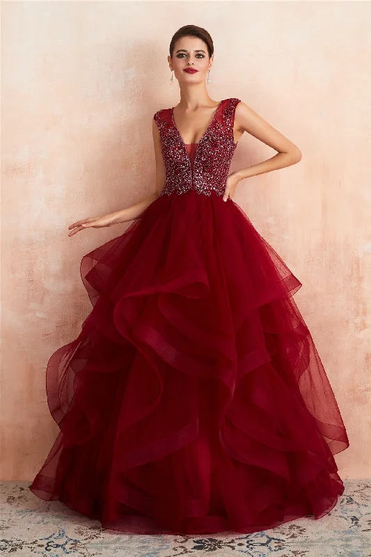 Special Promotion Gorgeous Beading Burgundy Prom Dress with Cascading Ruffles