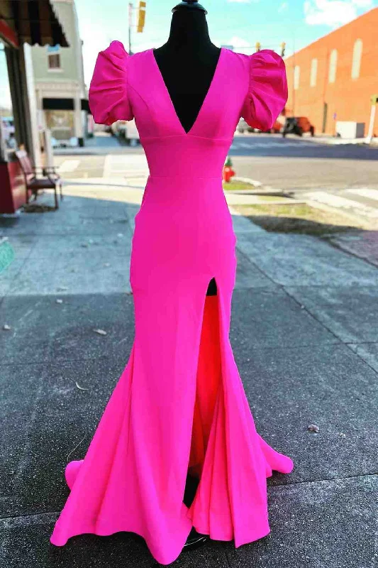 Exclusive Access Deep V-Neck Hot Pink Mermaid Long Prom Dress with Balloon Sleeves Exclusive Access Deep V-Neck Hot Pink Mermaid Long Prom Dress with Balloon Sleeves