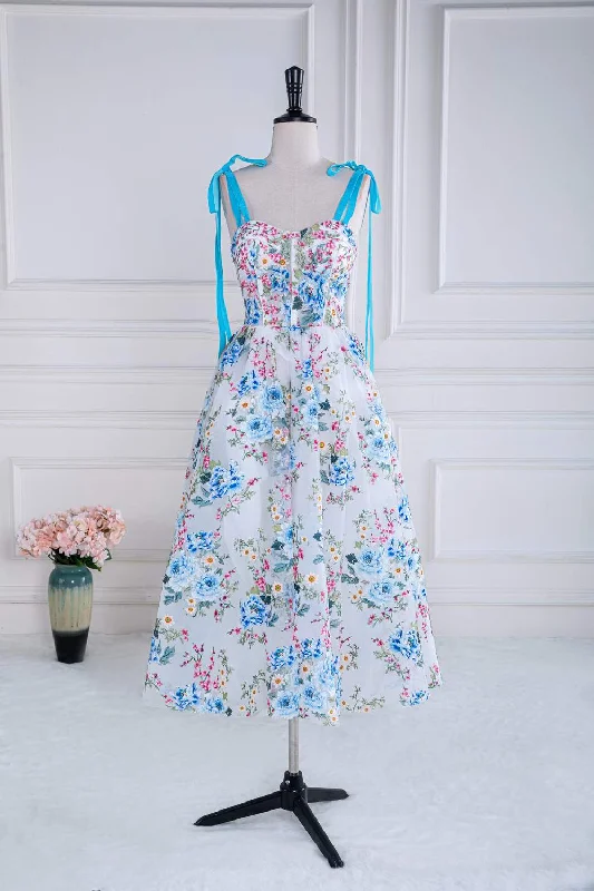 Markdowns Tie Shoulder Blue Floral Embroidery Tea Length Prom Dress