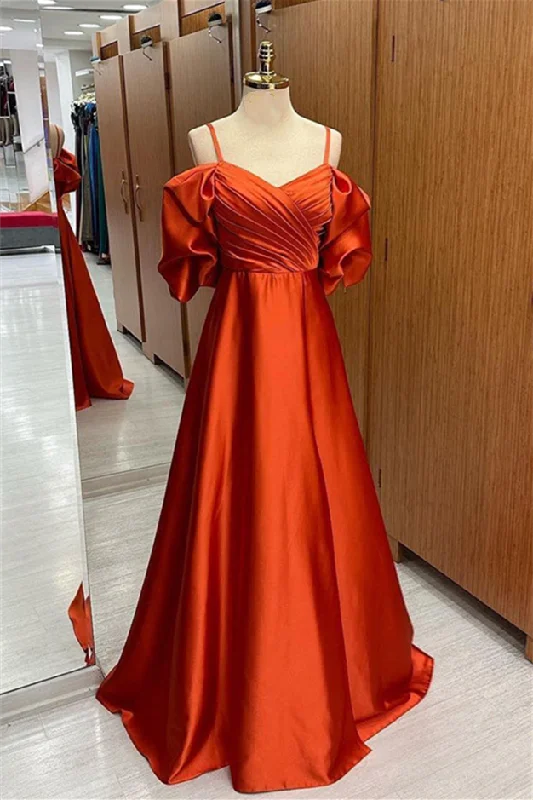Limited Time Rust Orange Off-the-Shoulder Straps Pleated Satin Long Prom Dress