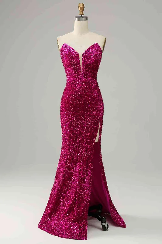 Price Meltdown Fuchsia Strapless Sequins Long Prom Dress with Slit
