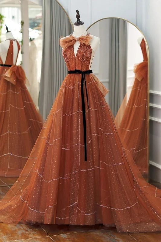 Holiday Sale Burnt Orange Crew Neck A-Line Formal Dress with Sash