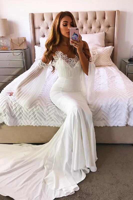 Stock Up and Save Long Mermaid Cold Sleeves Ivory Weeding Dress with Lace