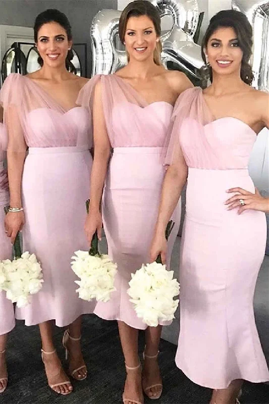 Sale Event One Shoulder Pink Tea Length Mermaid Bridesmaid Dress