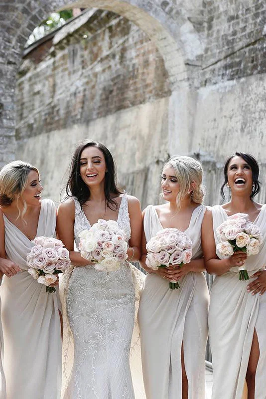 Friends and Family Sale Cowl Neck Cream Chiffon Long Bridesmaid Dress with Slit