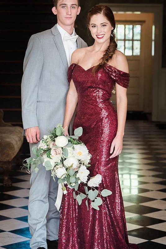 Online Only Mermaid Off-Shoulder Burgundy Sequins Long Bridesmaid Dress