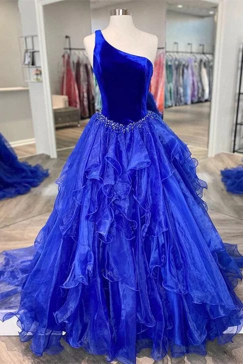 Crazy Deals Ruffle One Shoulder Royal Blue Velvet Top Long Formal Dress