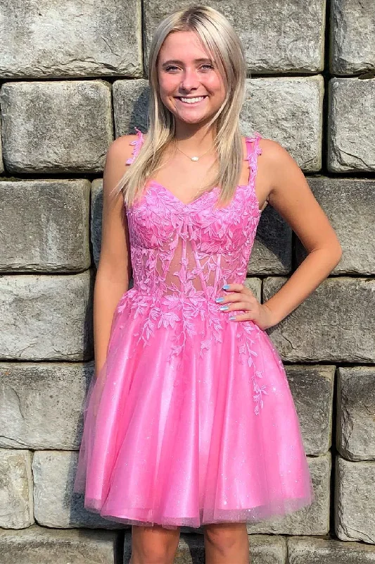 Price Blitz Hot Pink Leaf Appliques Straps A-Line Homecoming Dress