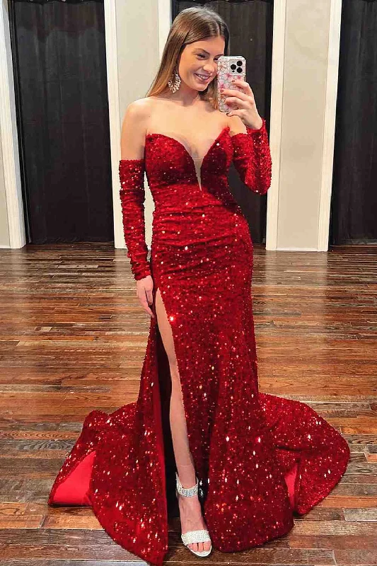 Seasonal Sale Sweetheart Red Glitters Mermaid Prom Dress with Long Sleeves