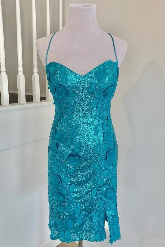 Deal Dash Teal Sequined Short Homecoming Dress with Flowers