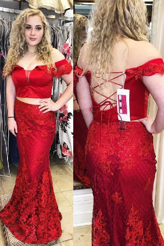Great Bargains Mermaid Off Shoulder Lace-Up Two Piece Red Prom Dress with Lace