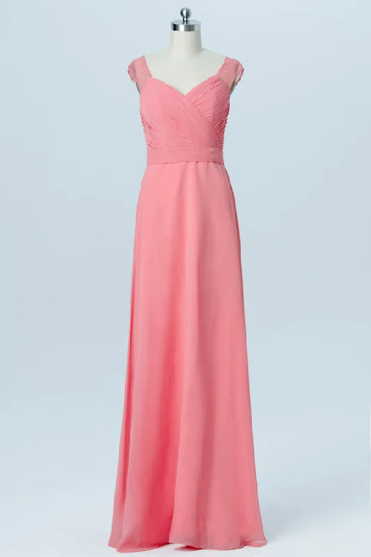 Incredible Offers Cap Sleeves Coral Long Bridesmaid Dress with Lace Button Back
