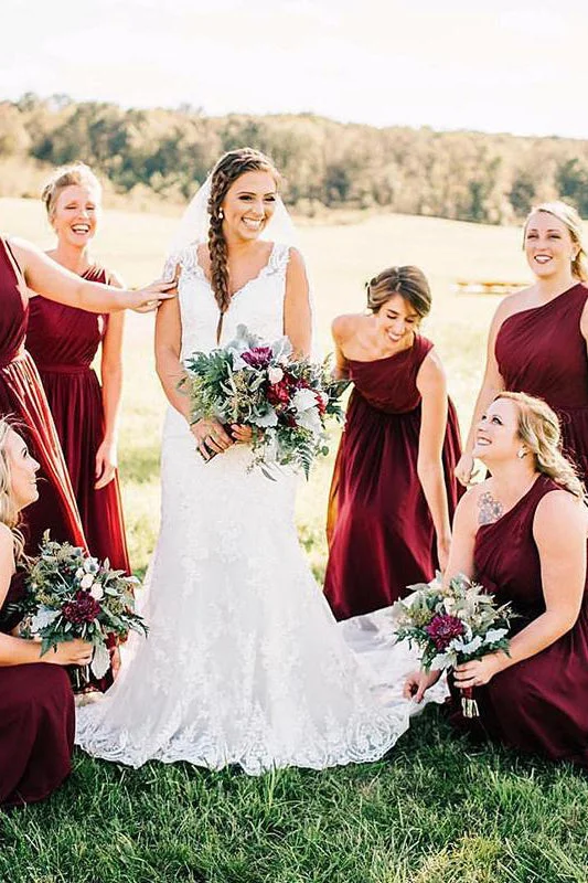 Huge Discounts One Shoulder Wine Red Chiffon Long Bridesmaid Dress
