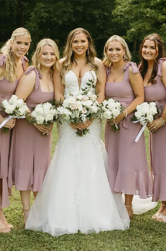 Mega Sale Tie Shoulder Dusty Rose Square Neck Chiffon Midi Bridesmaid Dress