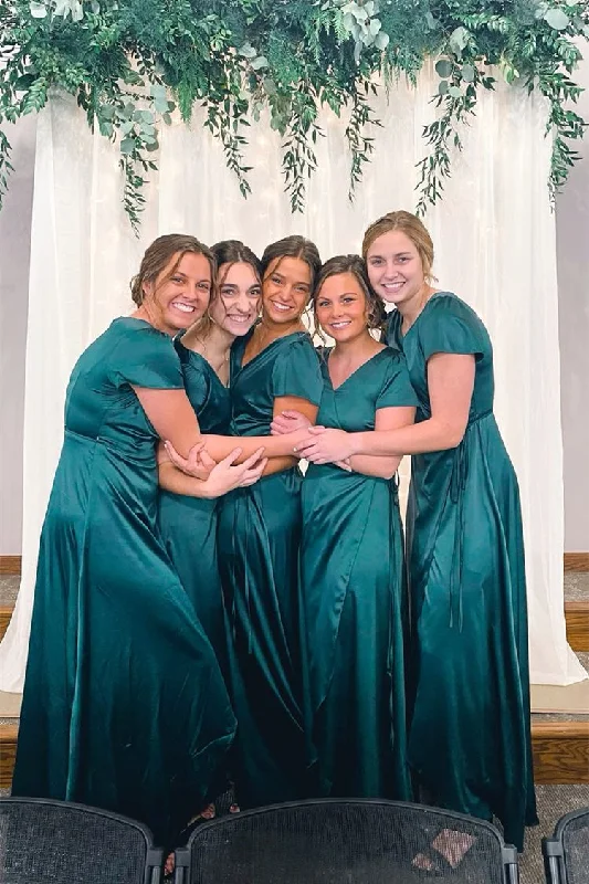 Closeout Dark Green V-Neck Satin Long Bridesmaid Dress with Short Sleeves