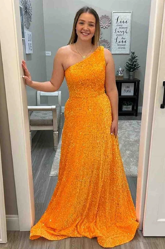 Final Sale Orange One Shoulder A-line Sequins Long Prom Dress