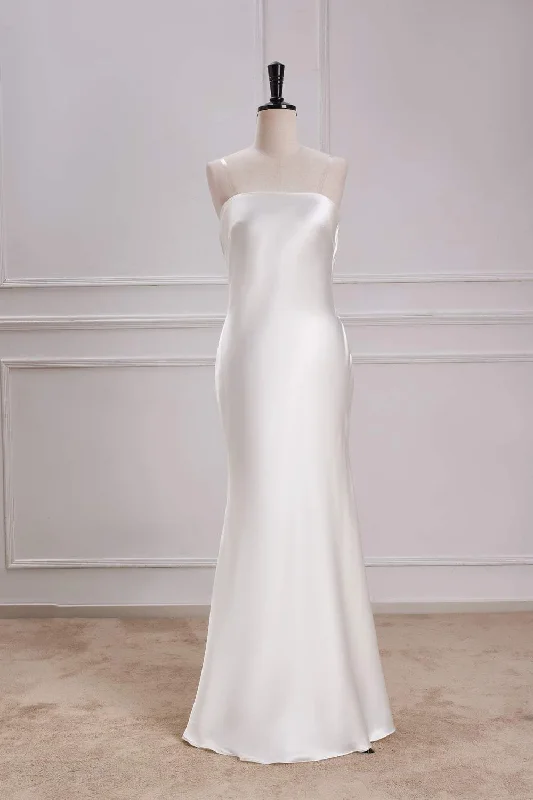 Seasonal Clearance White Cowl Back Satin Mermaid Maxi Dress