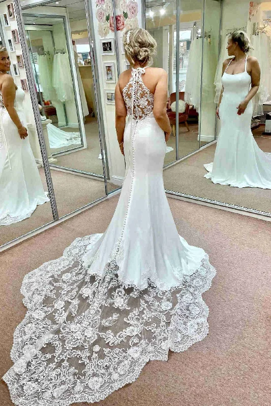 Extra Savings Mermaid Halter White Long Bridal Dress with Lace Sweep Train