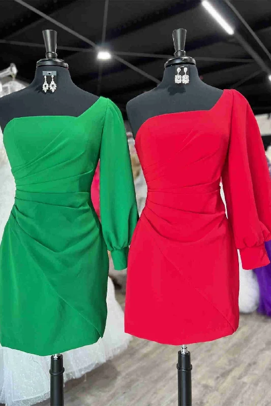 Limited Edition One Shoulder Long Sleeve Pleated Short Party Dress