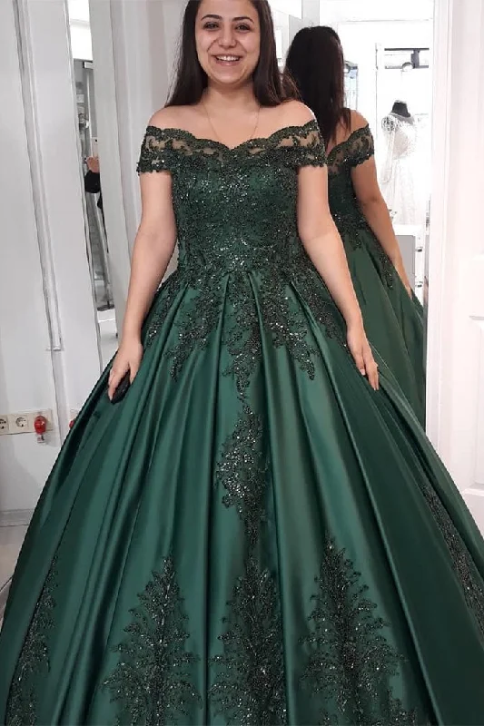 Price Reduction Princess Off-the-Shoulder Dark Green Wedding Dress with Appliques
