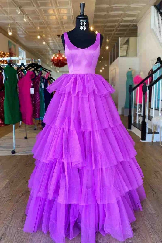 Buy Now A-Line Crew Neck Lilac Tiered Tulle Long Formal Dress