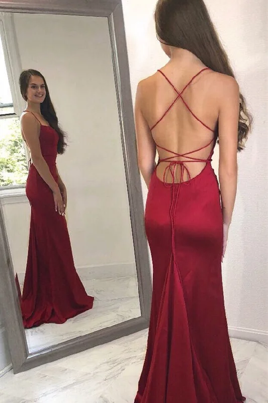 Super Sale Lace-Up Back Mermaid Dark Red Long Prom Dress