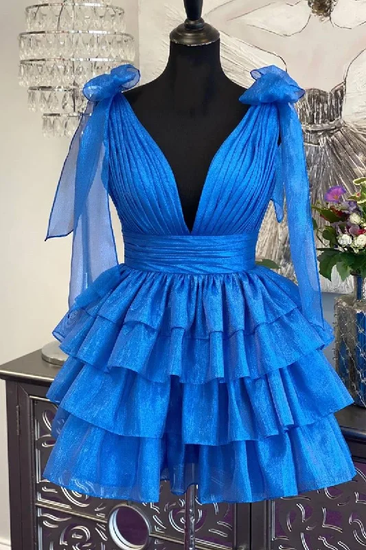 Year-End Sale Plunging V-Neck Royal Blue Bow Straps Ruffle Homecoming Dress