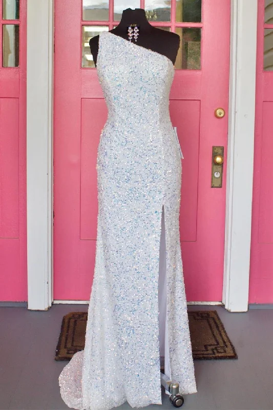 Don't Wait One Shoulder White Sequined Long Prom Dress with Slit