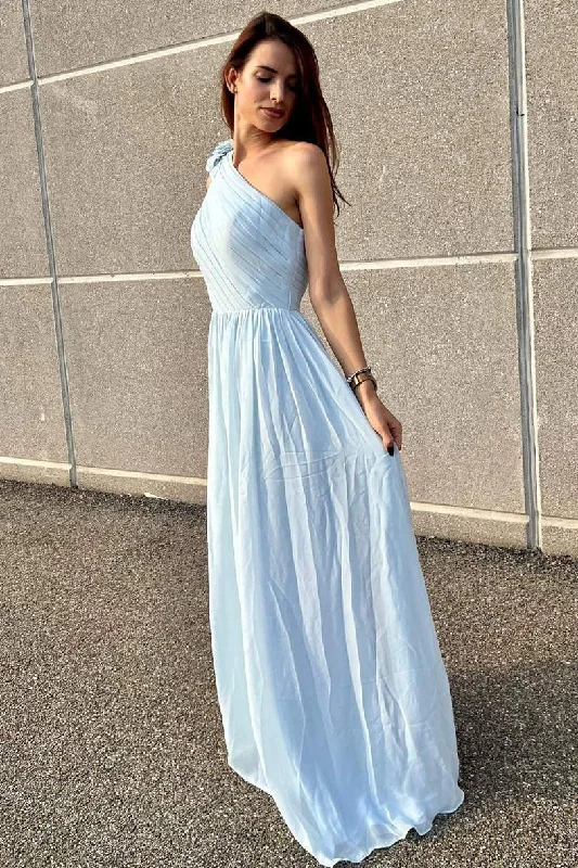 Closeout Sale One Shoulder Light Blue Pleated A-Line Bridesmaid Dress
