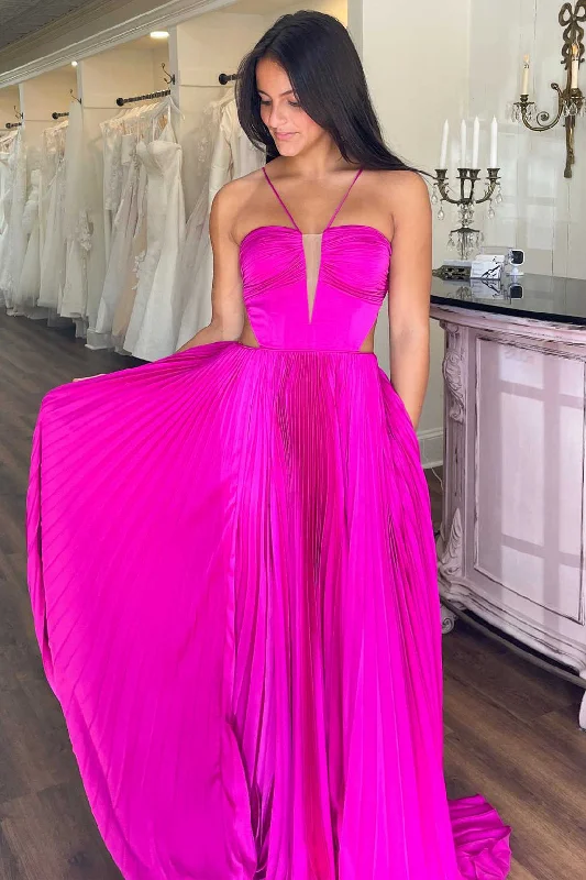 Great Deals Fuchsia Straps Pleated A-Line Prom Dress with Bow