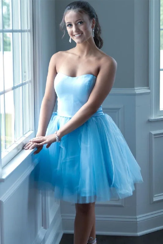 Lowest Prices A-Line Strapless Light Blue Short Homecoming Dress