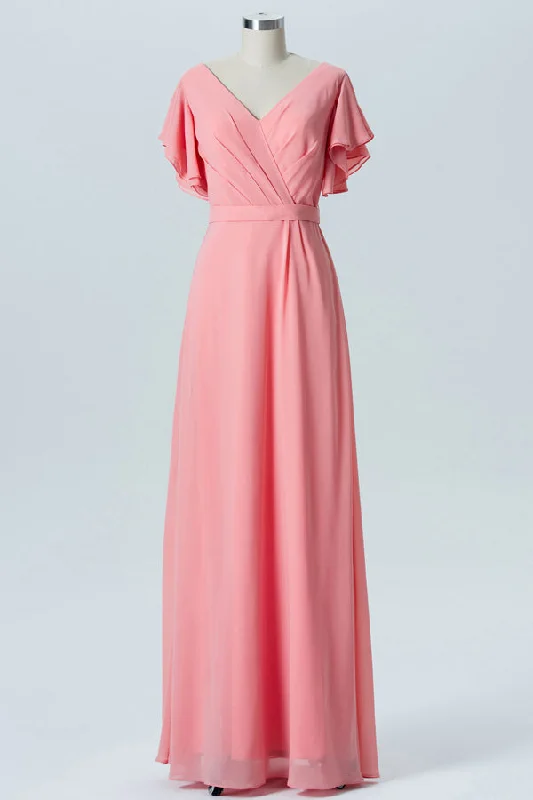 Warehouse Sale A-Line Coral Ruffled Sleeves Bridesmaid Dress