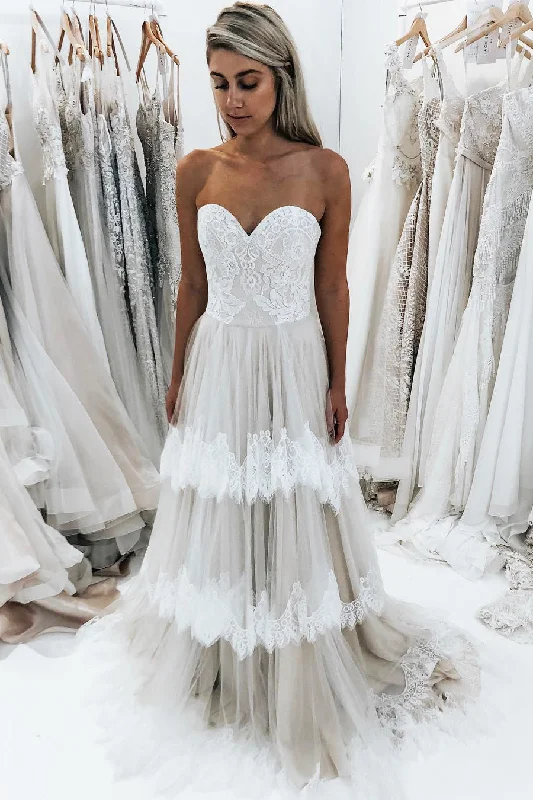 Price Cut Long Tiered A-line Sweetheart Beige Wedding Dress with Lace