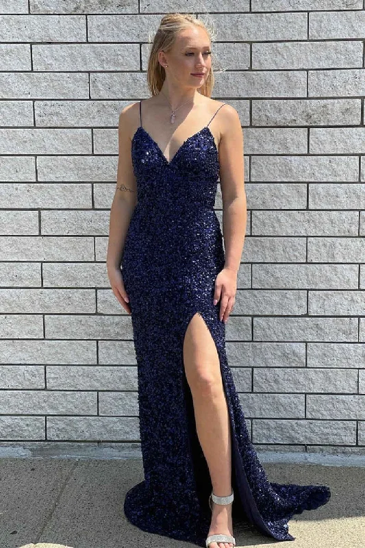 Final Sale Sexy V-Neck Straps Navy Blue Sequined Long Prom Dress with Slit