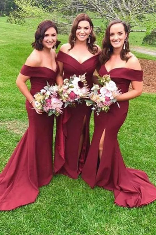 Blowout Deals Burgundy Off-shoulder Long Bridesmaid Dress with Side-Split