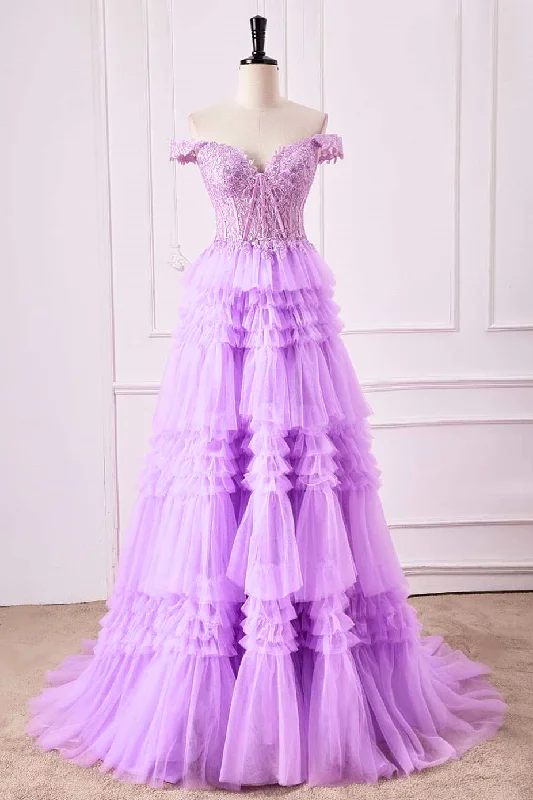 Inventory Reduction A-Line Off the Shoulder Lavender Corset Ruffle Tulle Prom Dress