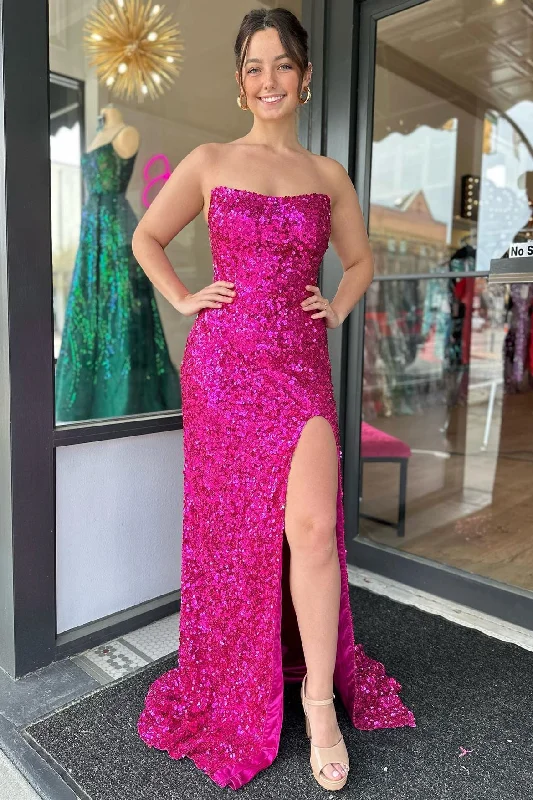 Price Meltdown Fuchsia Strapless Sequins Long Prom Dress with Slit