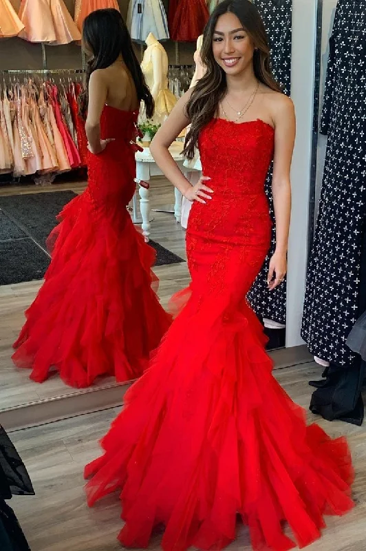 Bonus Savings Strapless Mermaid Red Lace Long Formal Dress