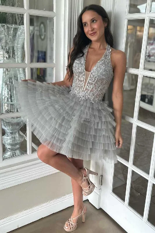 Price Buster Halter Light Grey Lace Appliques Ruffle Short Homecoming Dress