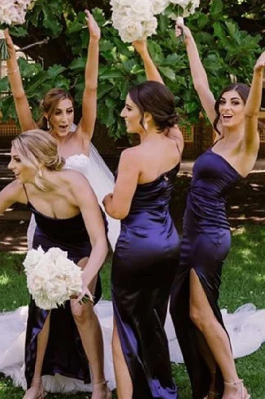 Shop and Save Mermaid One Strap Dark Purple Long Bridesmaid Dress with Slit