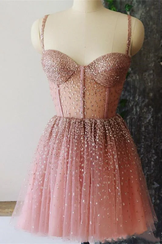 Year-End Sale A-Line Spagehtti Straps Pink Short Homecoming Dress