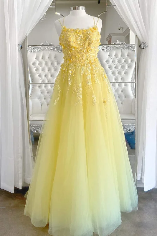 Special Discount Elegant Yellow Floral Dress A-Line Sequined Long Formal Dress