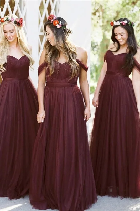 Savings Bonanza A-line Off-the-Shoulder Long Burgundy Bridesmaid Dress