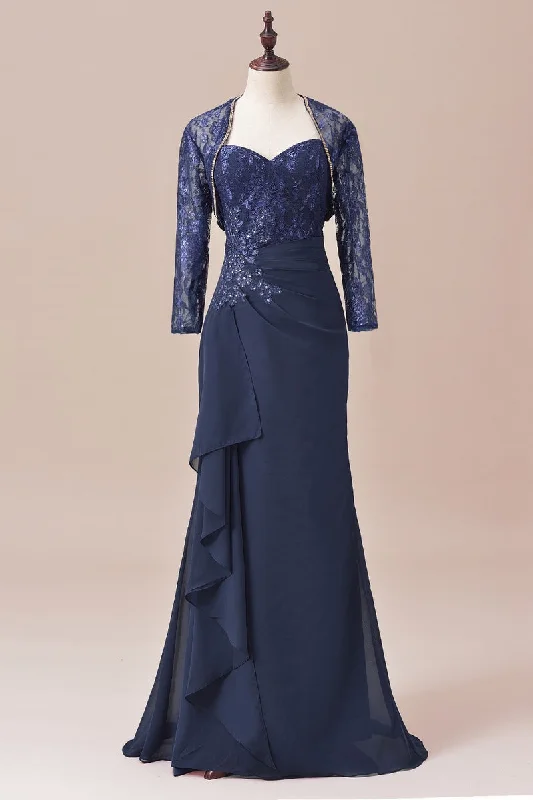 Final Clearance Navy Two Piece Long Sleeves Appliques ruffle Long Mother of the Bride Dress