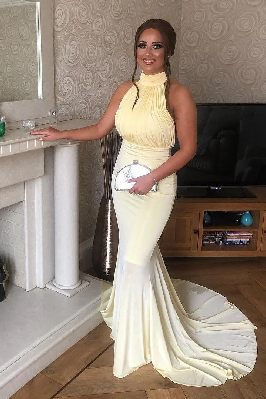 Act Fast Elegant High Neck Open Back Mermaid Yellow Long Prom Dress