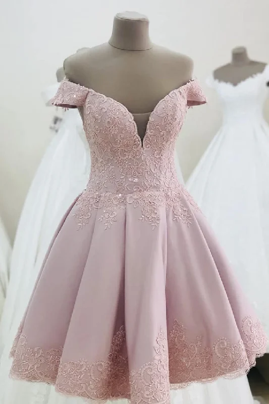 Stock Clearance Off the Shoulder Pink Homecoming Dress with Lace